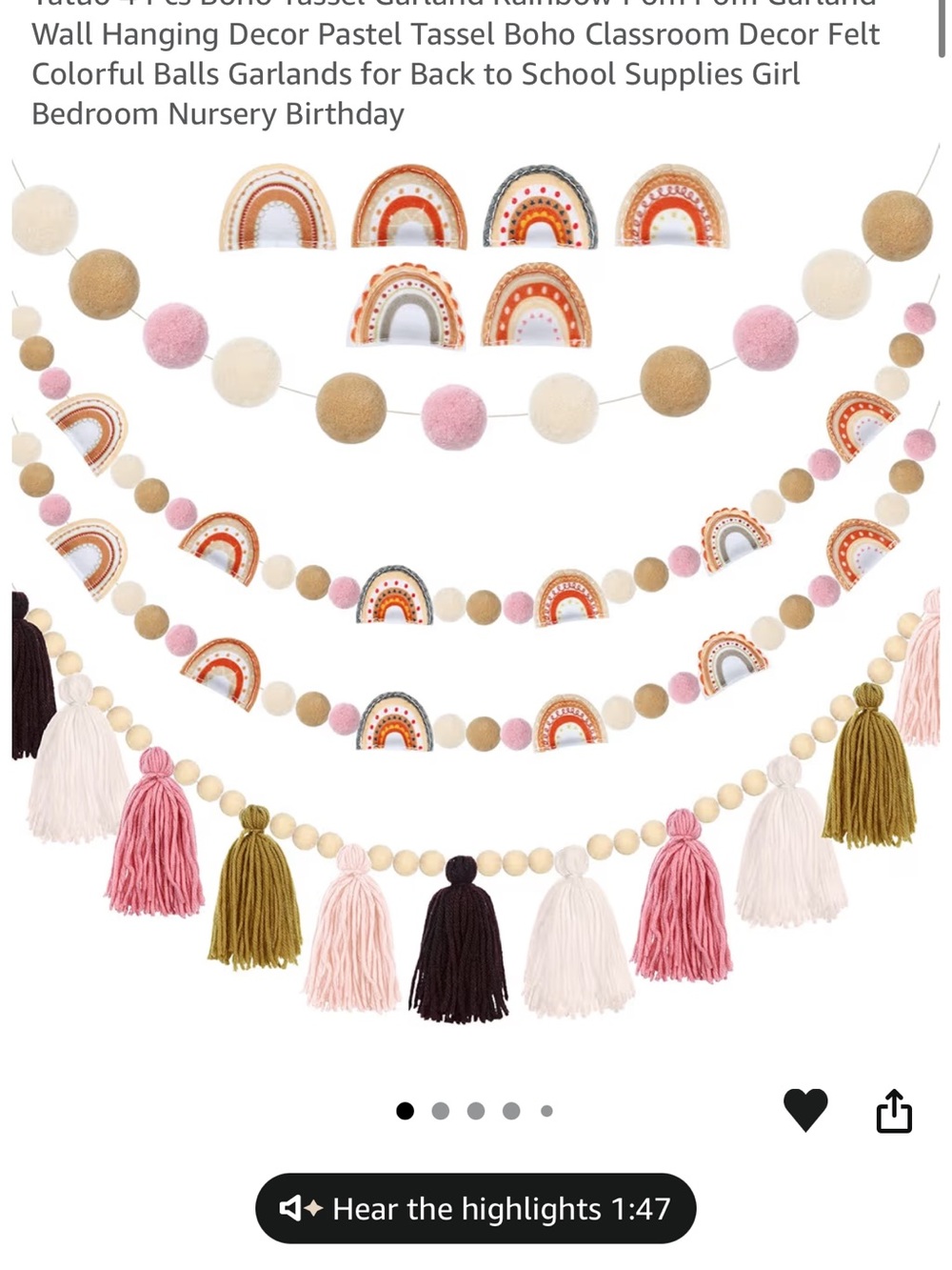 Boho Rainbow Tassel & Felt Ball Garland Set - Pink, Olive, Cream, Black
